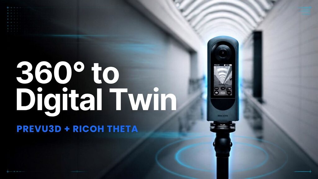 Promotional Image Showing a Ricoh Theta 360 Camera on a Tripod in a Futuristic Hallway with the Large Text 360° to Digital Twin on the Left Prevu3d