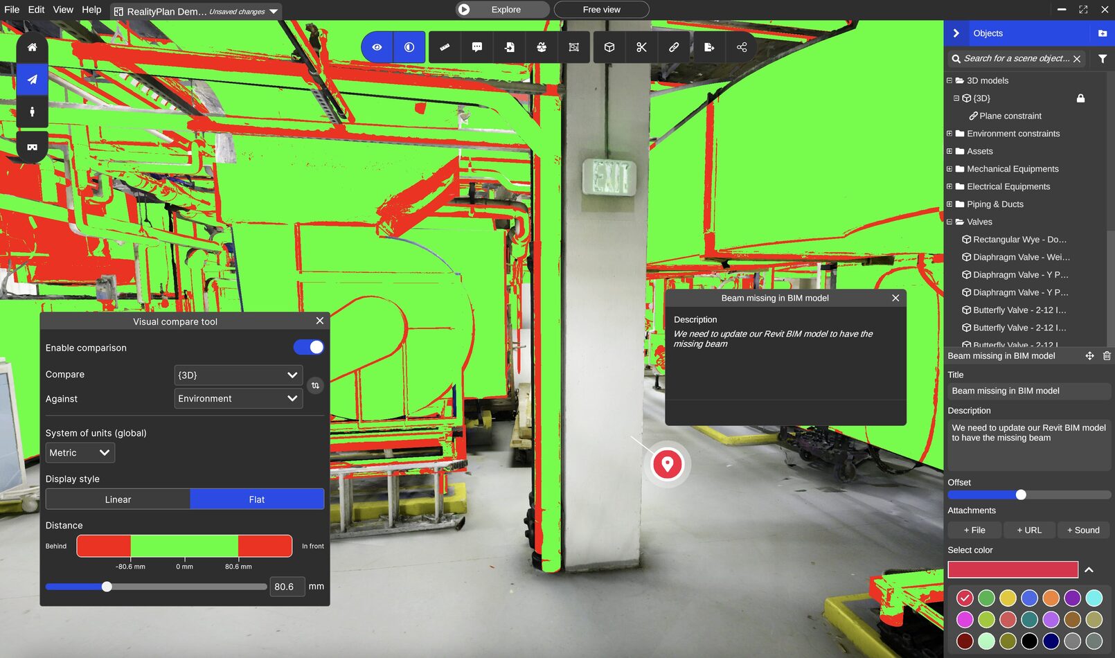 Screenshot of Bim Software Showing a Color coded Overlay greenred on an Indoor Warehouse Scene to Indicate Alignmentdifferences with a Visual Compare Tool Panel and a beam Missing in Bim Model Warning Dialog Visible Plus a Right side Objects Browser Prevu3d