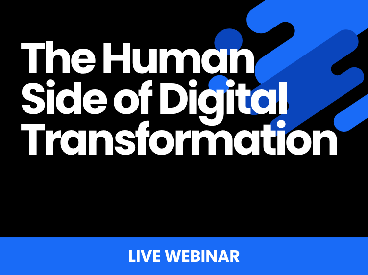 Hero Banner for a Live Webinar the Human Side of Digital Transformation with Blue Geometric Accents on a Black Background Prevu3d