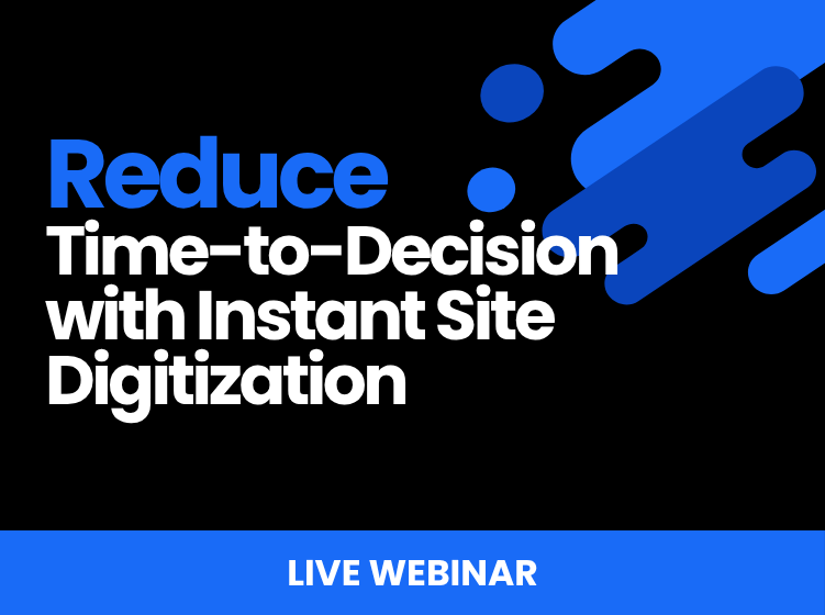Promo Banner Announcing reduce Time to decision with Instant Site Digitization with Blue Shapes and a live Webinar Bar Prevu3d