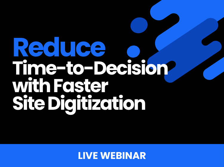 Hero Banner reduce Time to decision with Faster Site Digitization with Blue Shapes on a Black Background Bottom Bar Reads Live Webinar Prevu3d