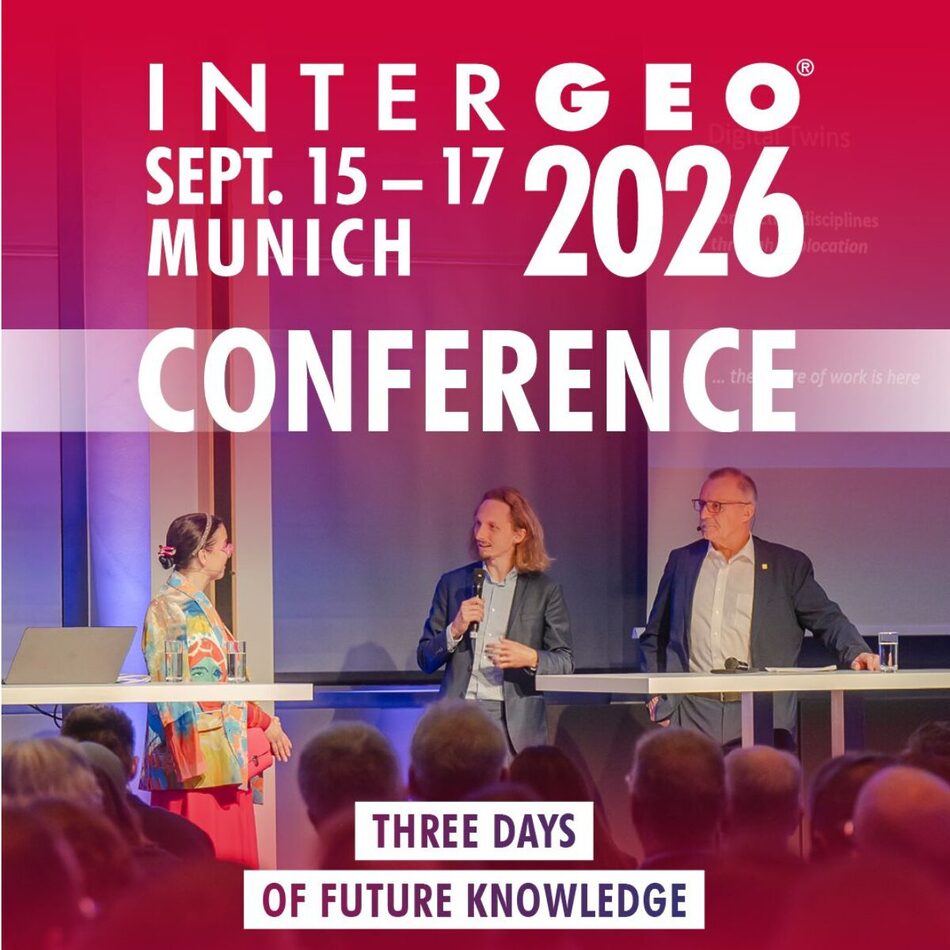 Stage at Intergeo 2026 Conference with Three Panelists Speaking Large intergeo 2026 Conference Branding and three Days of Future Knowledge Prevu3d