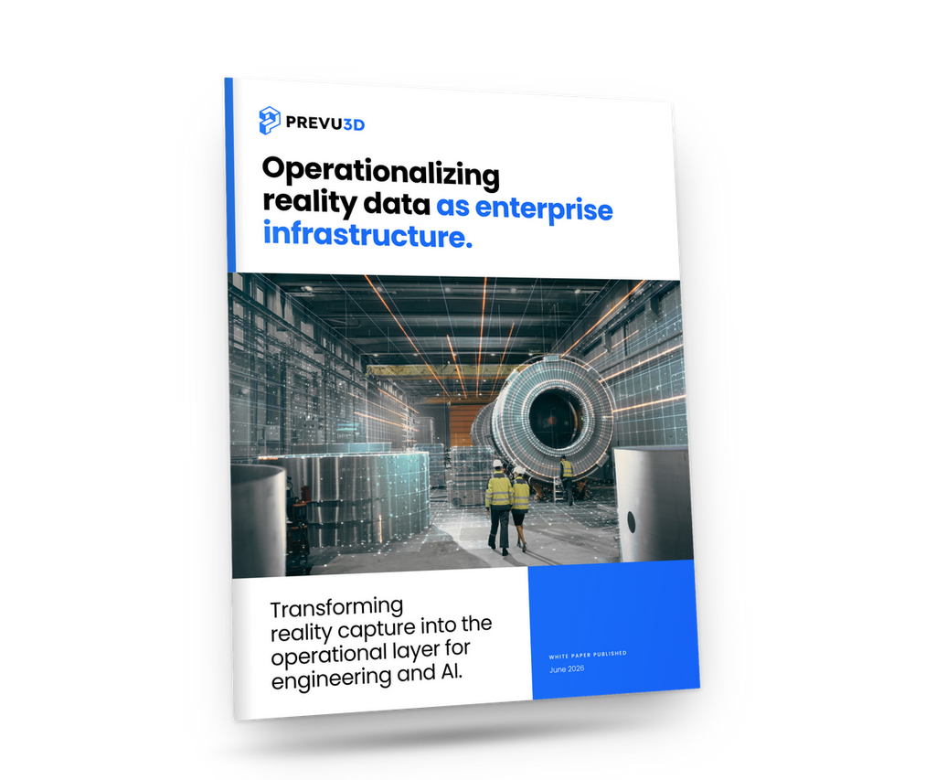 Cover of a Prevu3d Brochure Bold Headline operationalizing Reality Data As Enterprise Infrastructure over an Industrial Facility Photo with Workers in Safety Gear Prevu3d