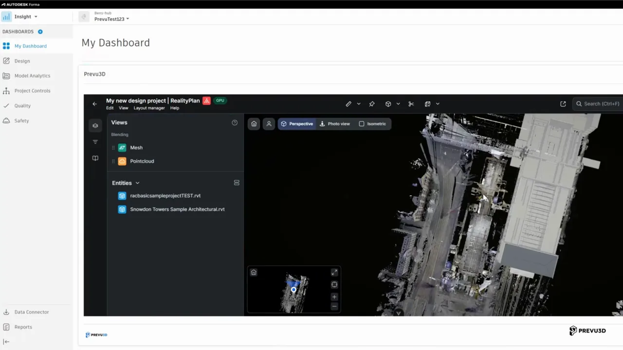 Screenshot of a dashboard UI showing a 3D model viewer on the right and a left navigation panel with entities such as two .rvt files and project items (Autodesk Forma).