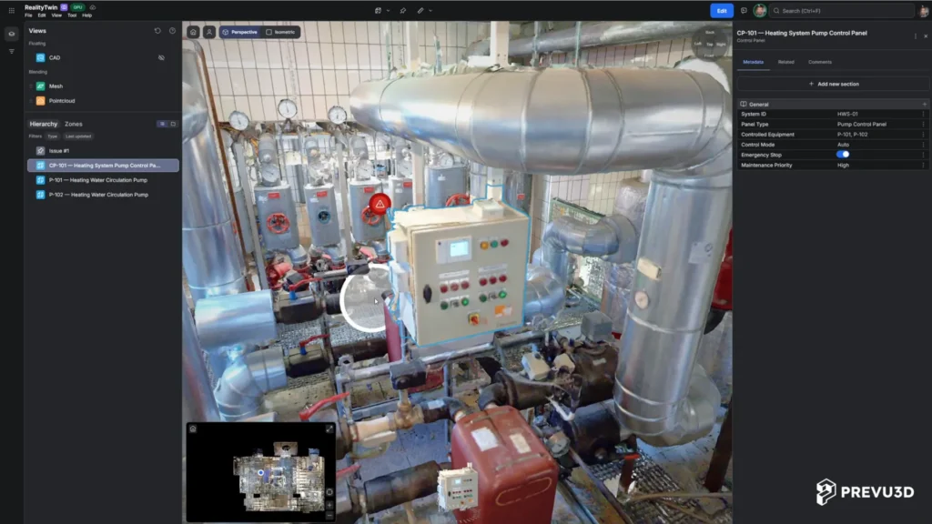 Realityplatform classified asset metadata pump control panel point cloud | Prevu3d Industrial Pump Room with Numerous Stainless Steel Pipes Gauges and a Central Control Panel Prevu3d