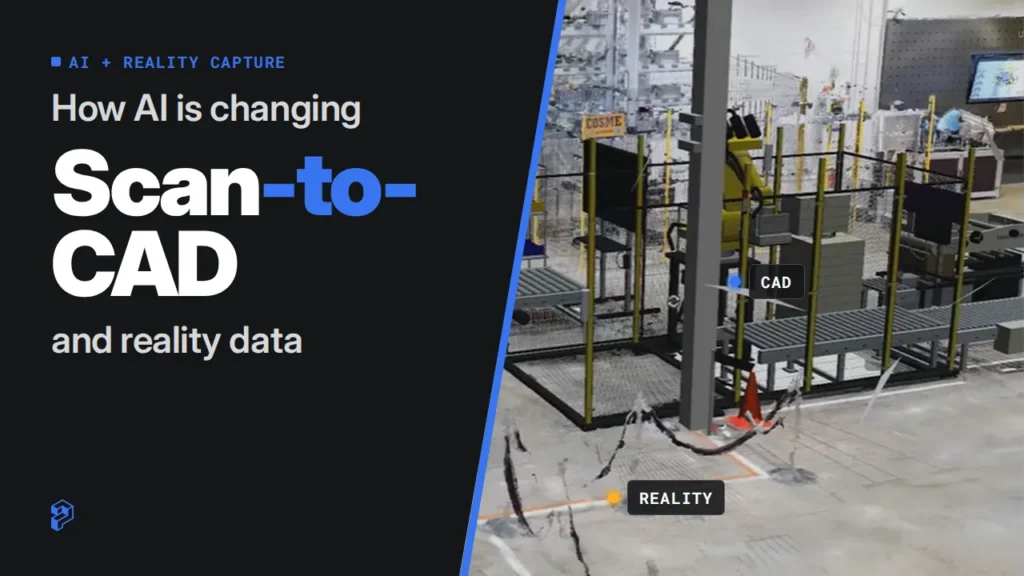 Cad Conveyor and Robot Cell Placed into a 3d Scanned Factory Floor with the Title How Ai is Changing Scan to cad and Reality Data Prevu3d